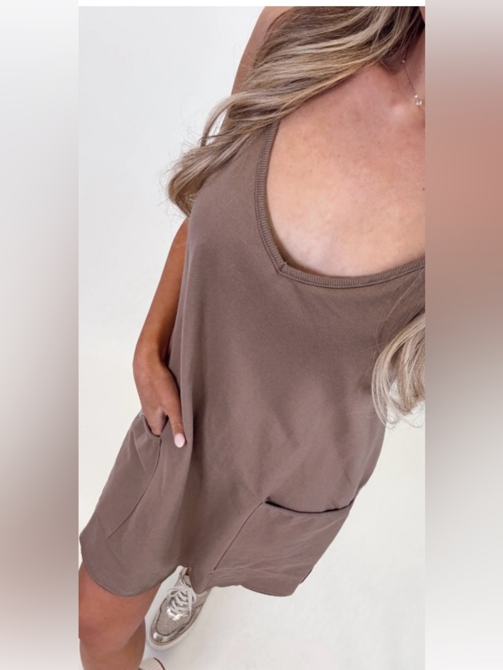 Listicle Sporty Mini Romper Dress…The Viral‎ Pocket Dress…Small Mocha NWT